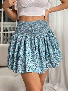 SHEIN VCAY 碎花雙層下擺半身裙 - 藍色 - 查看 3