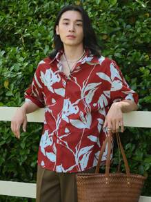 DAZY 男士植物圖案落肩袖襯衫 - 紅色 - 查看 4