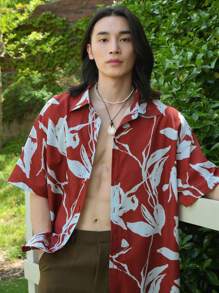 DAZY 男士植物圖案落肩袖襯衫 - 紅色 - 查看 5