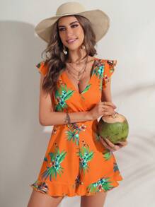 SHEIN VCAY Tropical Print Ruffle Hem Romper - Multicolor - View 4