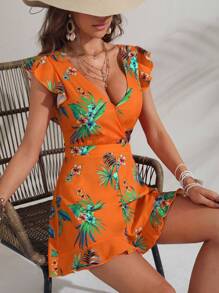 SHEIN VCAY Tropical Print Ruffle Hem Romper - Multicolor - View 1