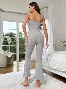 Solid Cami Top & Trousers Lounge Set - Grey - View 2