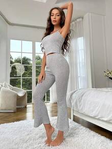 Solid Cami Top & Trousers Lounge Set - Grey - View 6