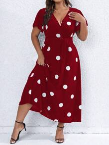 SHEIN Clasi 大碼波點圖案繫腰帶洋裝 - 酒紅色 - 查看 1