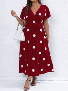 SHEIN Clasi 大碼波點圖案繫腰帶洋裝 - 酒紅色 - 查看 3
