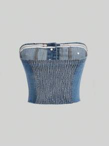 SHEIN MOD 翻蓋細節前紐扣抹胸牛仔上衣 - 中等水洗藍 - 查看 2