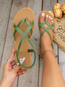 Fashion Green Sandals For Women, Criss Cross Thong Sandals