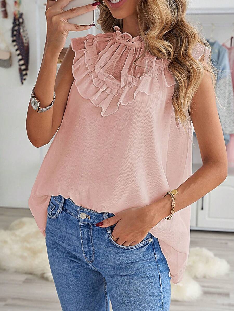 CILKOO Ruffle Trim Mock Neck Blouse - Apricot - View 1
