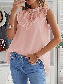 CILKOO Ruffle Trim Mock Neck Blouse - Apricot - View 3