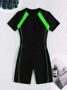 SHEIN Swim Summer Beach Colorblock Zipper Front One Piece Swimsuit - Black - View 5