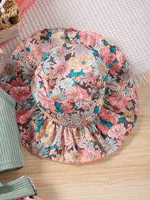 SHEIN Vintaside Kids 少女蝴蝶結前繫紮帶上衣＆花卉印花裙＆帽子 - 彩色 - 查看 3