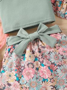 SHEIN Vintaside Kids 少女蝴蝶結前繫紮帶上衣＆花卉印花裙＆帽子 - 彩色 - 查看 5