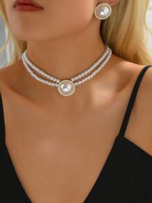 1 件圆形珍珠项链和 1 对几何圆形珍珠耳环首饰套装