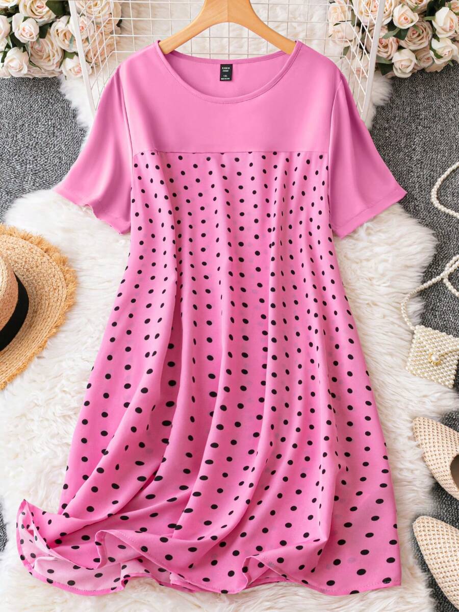 SHEIN LUNE Đầm Plus Size Chấm bi Giải trí - Hồng - Xem 1