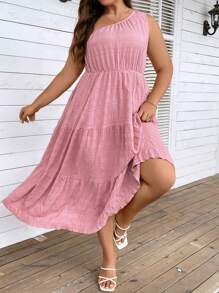 SHEIN Clasi 大碼單肩荷葉邊連衣裙 - 珊瑚粉 - 查看 4