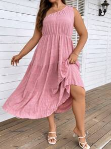 SHEIN Clasi 大碼單肩荷葉邊連衣裙 - 珊瑚粉 - 查看 6