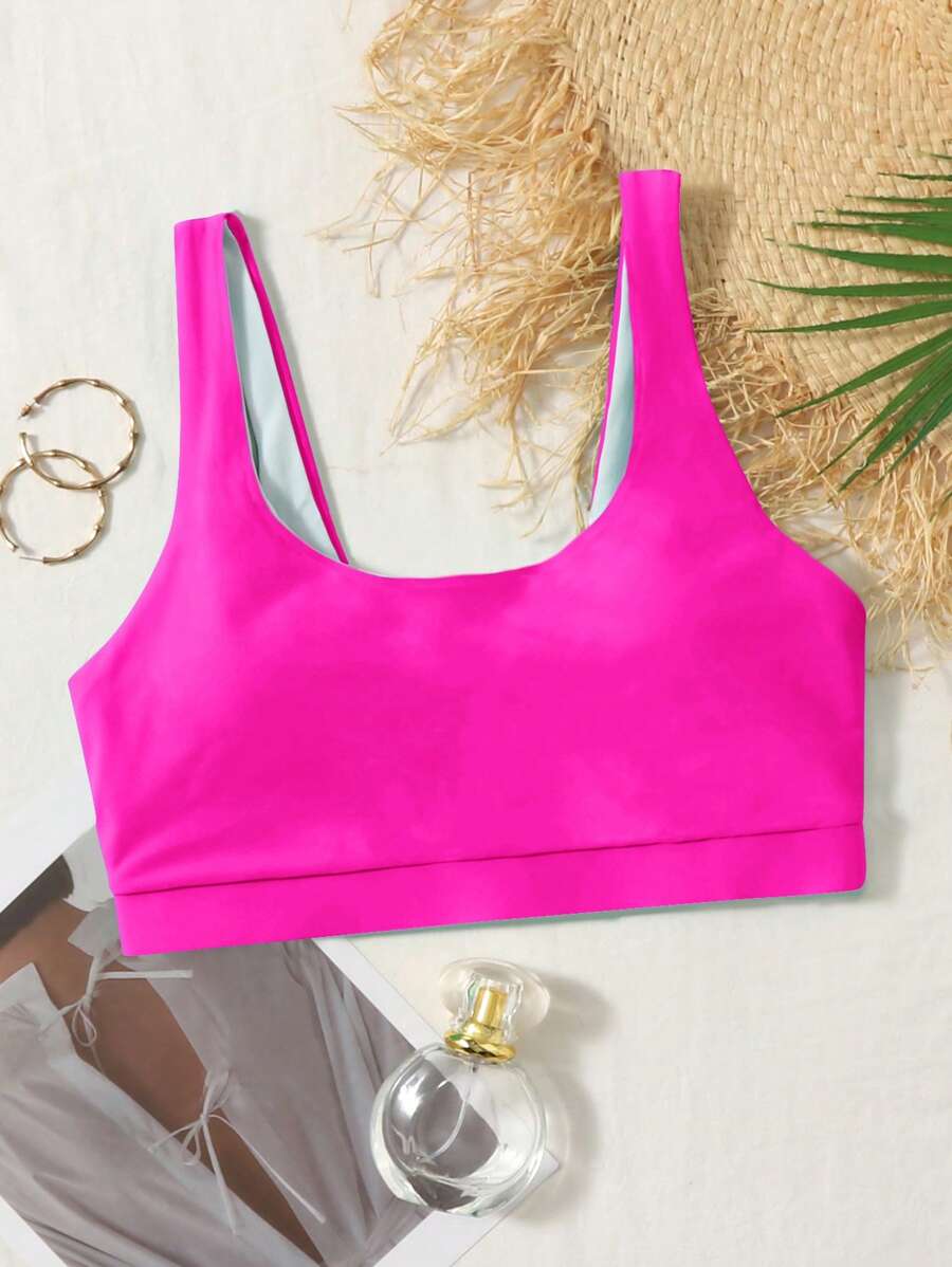 SHEIN Swim Plain Scoop Neck Bikini Top - Hot Pink - View 1