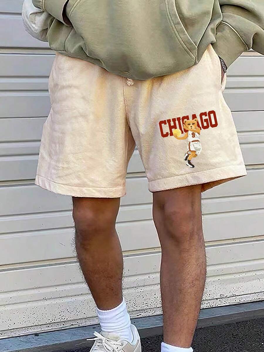 Manfinity Hypemode Pantalones Cortos De Cintura Con Cordón Holgado Para Hombres Con Gráficos De Letras - Albaricoque - Ver 1