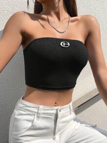 SHEIN EZwear 水鑽細節短款抹胸上衣 - 黑色 - 查看 5