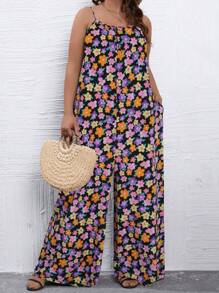 SHEIN Holidaya 大碼滿版印花闊腿吊帶連體褲 - 彩色 - 查看 5