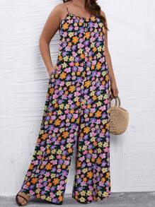 SHEIN Holidaya 大碼滿版印花闊腿吊帶連體褲 - 彩色 - 查看 6