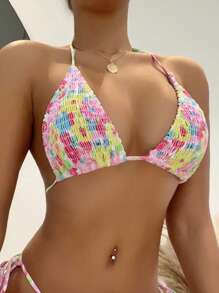Swim Mod Áo Tops Bikini Nữ Buộc lại Thêu Smock Hoa - Nhiều màu - Xem 3