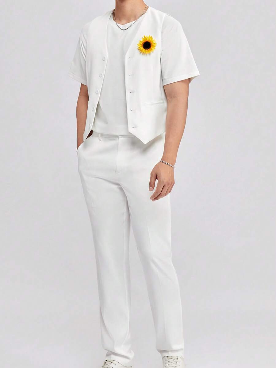 Manfinity NiteLyfe Men 3D Sunflower Applique Button Front Vest Blazer & Solid Trousers Without Tee - White - View 1