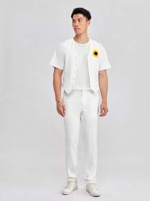 Manfinity NiteLyfe Men 3D Sunflower Applique Button Front Vest Blazer & Solid Trousers Without Tee - White - View 3