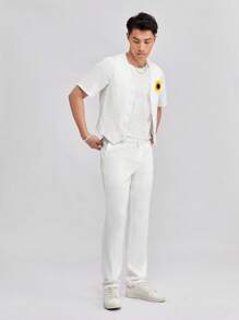Manfinity NiteLyfe Men 3D Sunflower Applique Button Front Vest Blazer & Solid Trousers Without Tee - White - View 4
