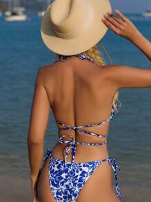 SHEIN Swim Summer Beach Floral Print Halter Triangle Bikini Set - Blue and White - View 2
