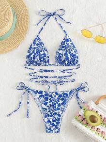 SHEIN Swim Summer Beach Floral Print Halter Triangle Bikini Set - Blue and White - View 3