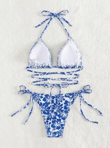 SHEIN Swim Summer Beach Floral Print Halter Triangle Bikini Set - Blue and White - View 4