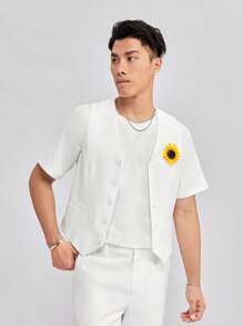 Manfinity NiteLyfe Men 3D Sunflower Applique Button Front Vest Blazer & Solid Trousers Without Tee - White - View 7