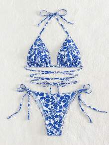 SHEIN Swim Summer Beach Floral Print Halter Triangle Bikini Set - Blue and White - View 5