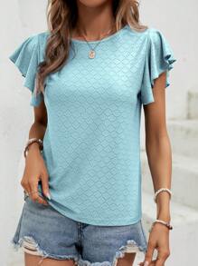 SHEIN LUNE Solid Butterfly Sleeve Tee - Baby Blue - View 5