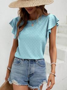SHEIN LUNE Solid Butterfly Sleeve Tee - Baby Blue - View 6