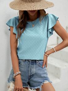 SHEIN LUNE Solid Butterfly Sleeve Tee - Baby Blue - View 1