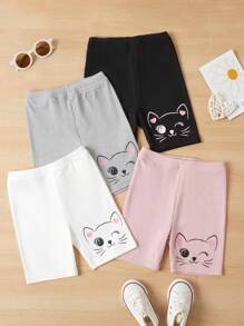 SHEIN Young Girl 4pcs Cartoon Graphic Ribbed Knit Biker Shorts, School, Campus, College