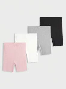 SHEIN Young Girl 4pcs Cartoon Graphic Ribbed Knit Biker Shorts, School, Campus, College