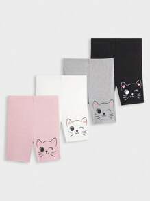 SHEIN Young Girl 4pcs Cartoon Graphic Ribbed Knit Biker Shorts, School, Campus, College