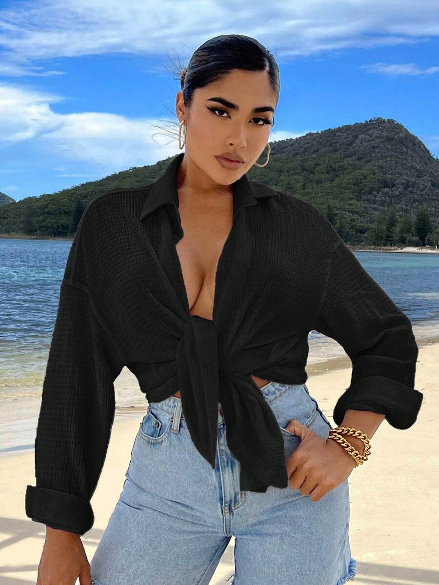 SHEIN SXY Áo sơ mi nữ màu trơn Giải trí - màu đen - Xem 1