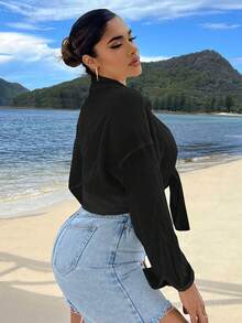 SHEIN SXY Áo sơ mi nữ màu trơn Giải trí - màu đen - Xem 2