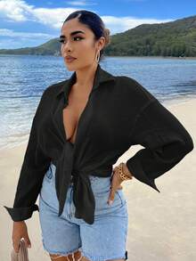 SHEIN SXY Áo sơ mi nữ màu trơn Giải trí - màu đen - Xem 4
