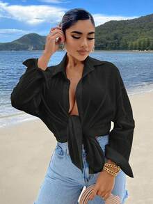 SHEIN SXY Áo sơ mi nữ màu trơn Giải trí - màu đen - Xem 5