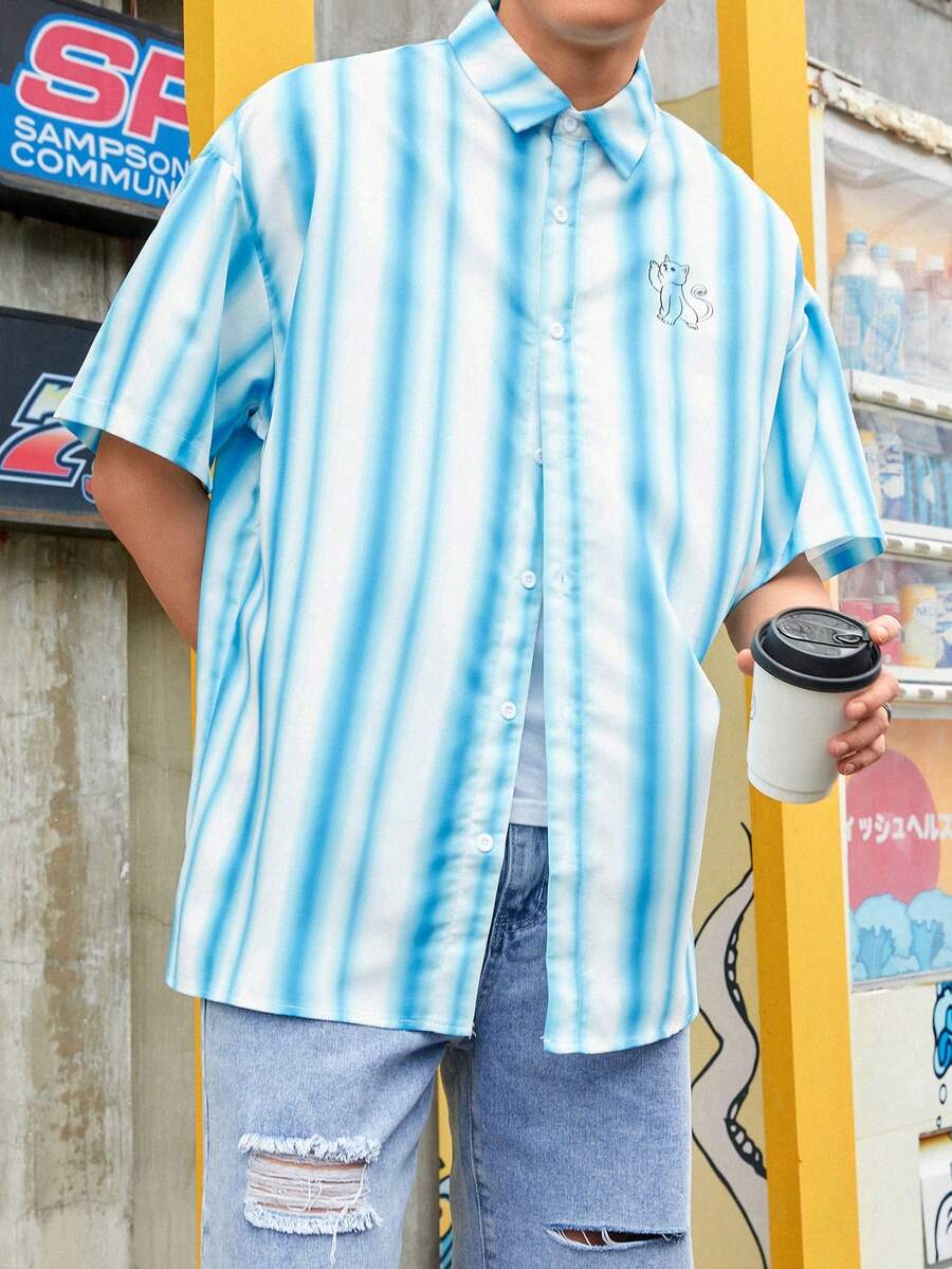 Manfinity Hypemode 男士條紋圖案和卡通圖案落肩袖襯衫