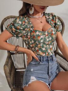 SHEIN VCAY 滿版印花泡泡袖雞心領口襯衫 - 彩色 - 查看 3