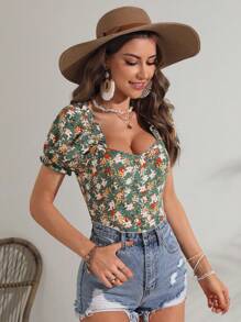 SHEIN VCAY 滿版印花泡泡袖雞心領口襯衫 - 彩色 - 查看 4