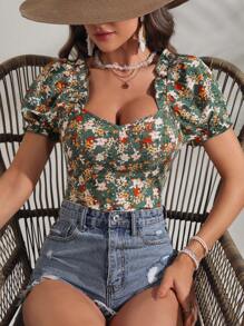 SHEIN VCAY 滿版印花泡泡袖雞心領口襯衫 - 彩色 - 查看 1
