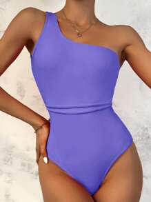 Solid One Shoulder One Piece Swimsuit - Lilac Purple - View 1
