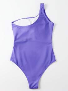 Solid One Shoulder One Piece Swimsuit - Lilac Purple - View 2